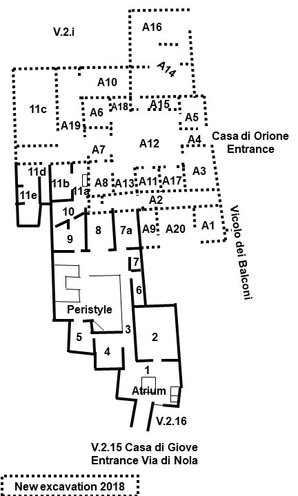 V.2.15 Pompeii. Casa di Giove or House of Jupiter. Plan including new excavations in 2018.